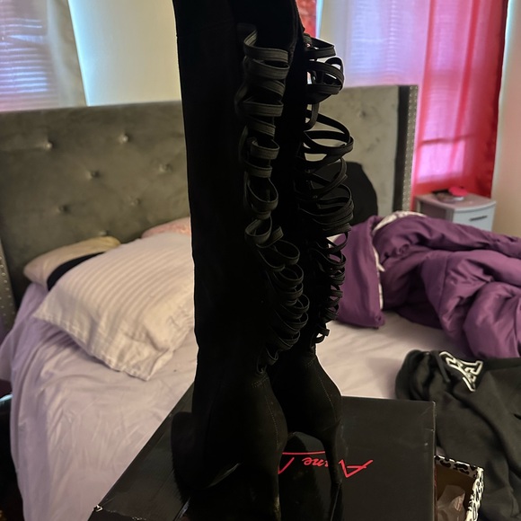 Boots Black Over the Knee Boots with Ruffle Detail - Picture 1 of 2